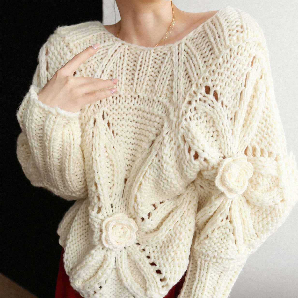 European Style Sweater for Women New High-Grade Hollow Out Flower Crew Neck Puff Sleeve Waist-Tight Pullover Spring C-140