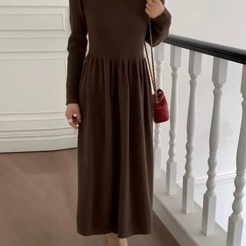 Load image into Gallery viewer, Autumn Winter Women Elegant V-neck Long Sleeve Slim Knit Pleated Dress Solid Casual A-line Sweater Long Dress 2023 French Simple
