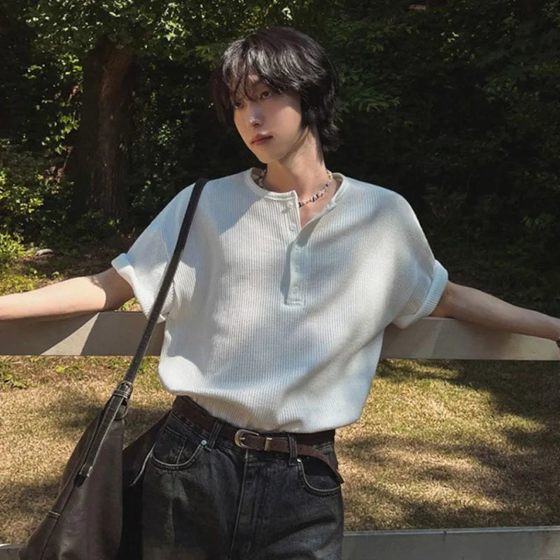 Men's Short Sleeve T-shirt New Summer Loose Solid Color T-shirts Korean V-neck Half Buttons Trendy Male Clothing 9W1616