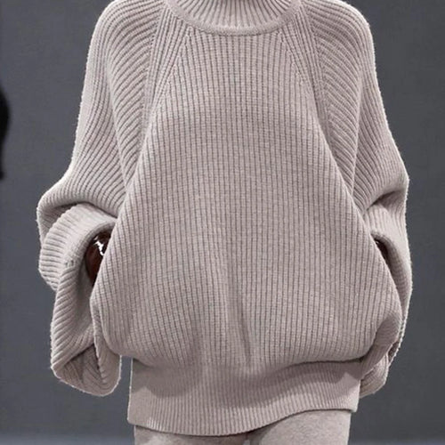 Load image into Gallery viewer, Solid Loose Spliced Pockets Casual Sweaters for Women High Neck Long Sleeves Minimalist Sweater Female Clothing New
