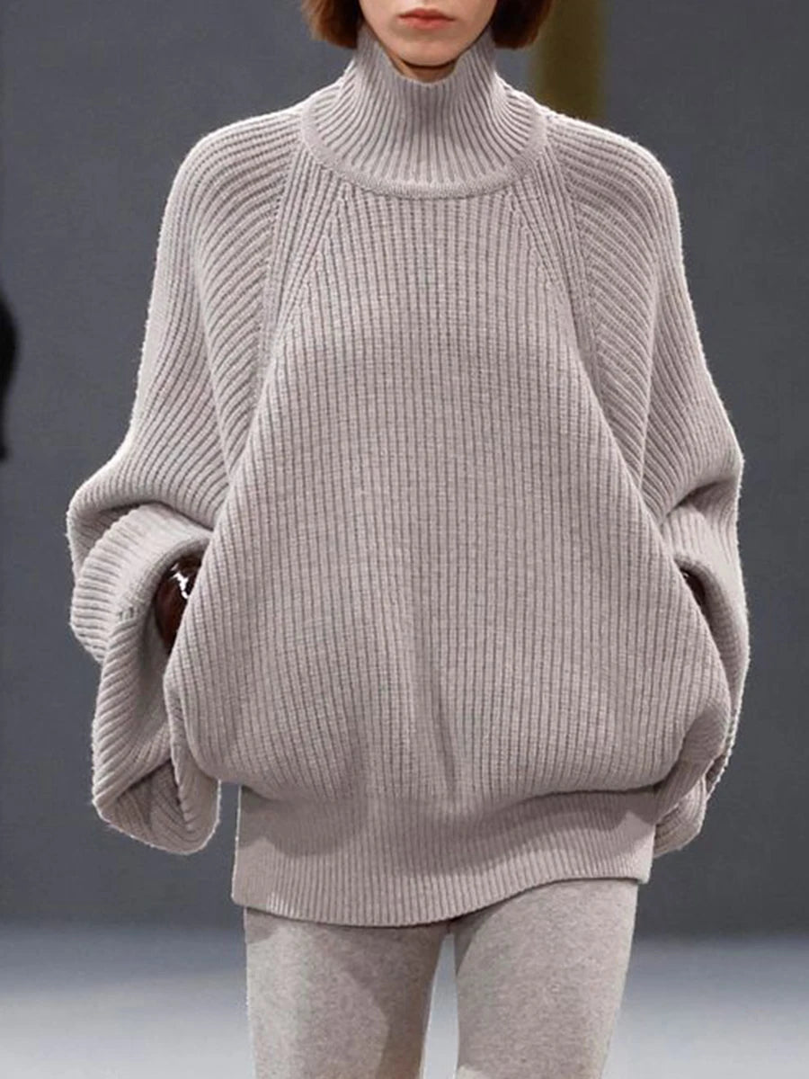 Solid Loose Spliced Pockets Casual Sweaters for Women High Neck Long Sleeves Minimalist Sweater Female Clothing New