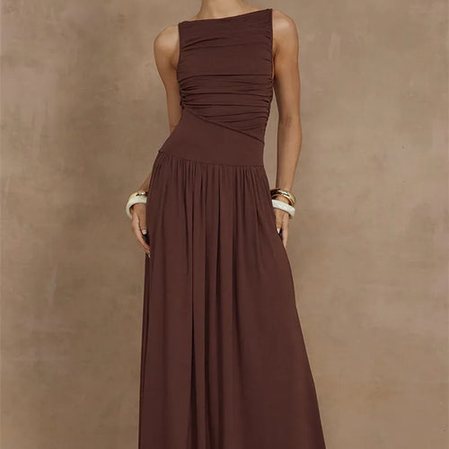 Load image into Gallery viewer, Elegant Sleeveless Maxi Dress For Women Fashion Solid Boat Neck Tank Dresses Ladies Sexy Ruched Long Dress New Gown
