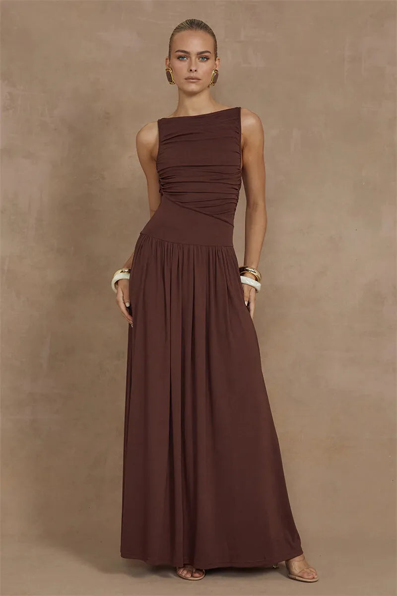 Elegant Sleeveless Maxi Dress For Women Fashion Solid Boat Neck Tank Dresses Ladies Sexy Ruched Long Dress New Gown