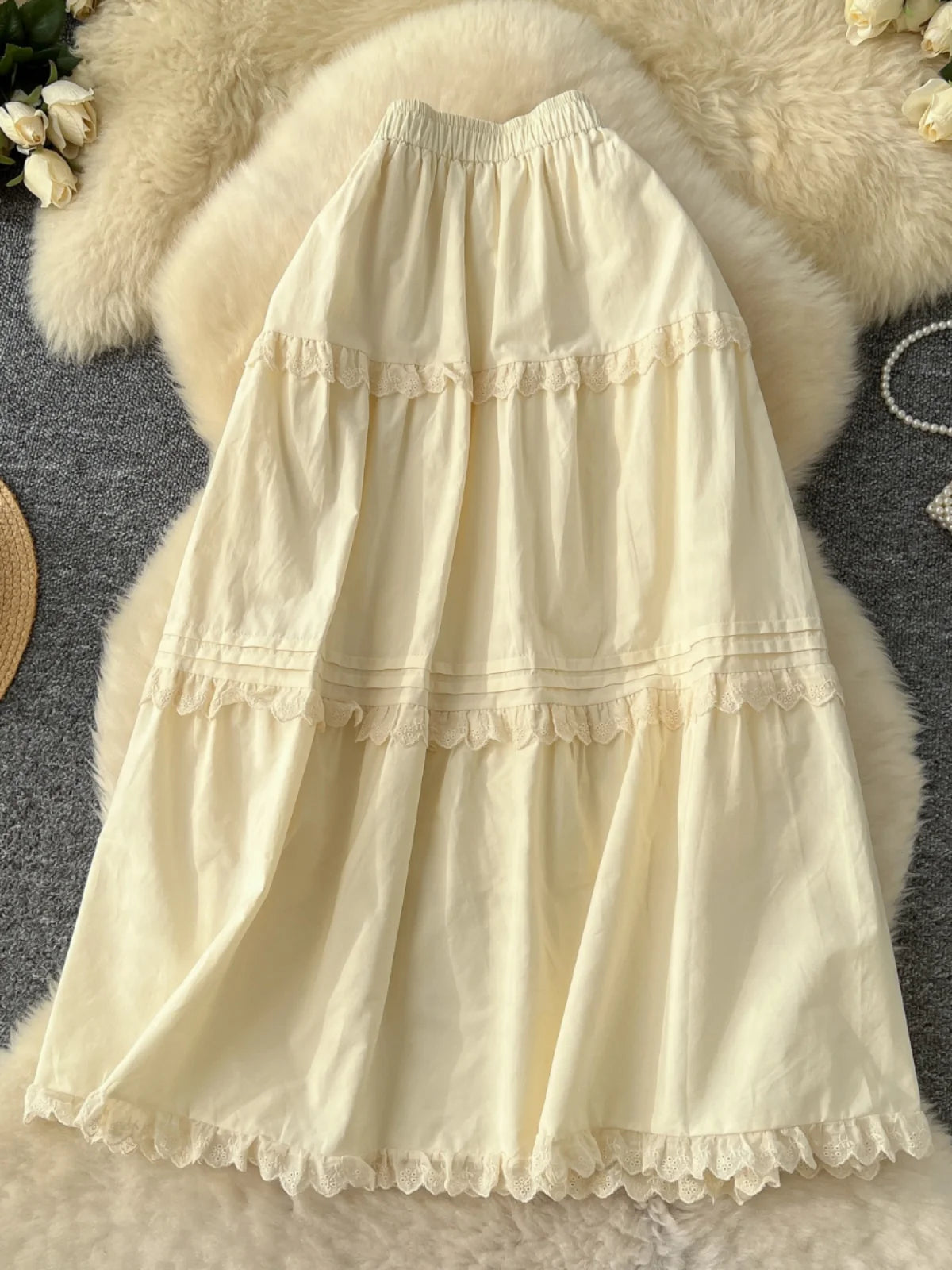 Vintage Elegant Women White High Waist Vacation Long Skirts Autumn Winter New Beige Ruffle Edge Pleated Short A-line Skirt Trend