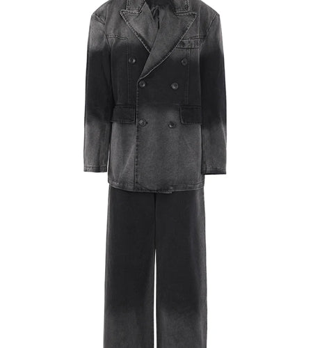 Gray Big Size Denim Jacket Wide Leg Pants Two Piece Suit New Lapel Long Sleeve Women Fashion Spring Autumn 2025 CPG0798