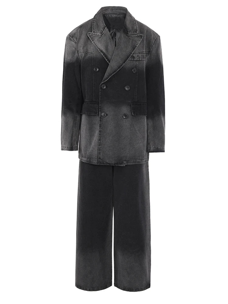 Gray Big Size Denim Jacket Wide Leg Pants Two Piece Suit New Lapel Long Sleeve Women Fashion Spring Autumn 2025 CPG0798