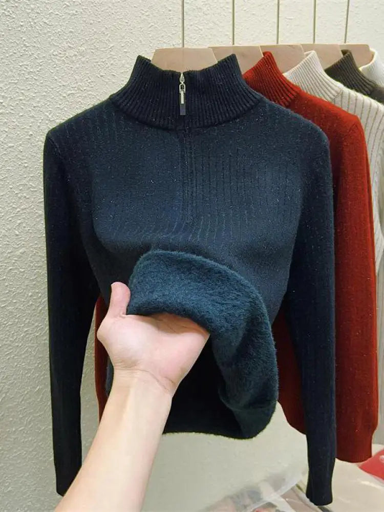 Simplicity 2024 Autumn Winter Solid Velvet Elegant Festival Sweater Korean Fashion Women Long Sleeve Half Zipper Knit Tops Thick