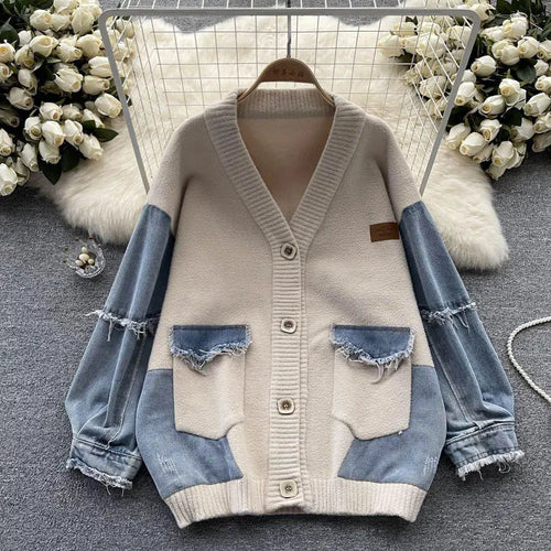 Load image into Gallery viewer, Korean Vintage Beige Patchwork Denim Single Breasted Knit Cardigan Sweater Autumn Winter Women New V Neck Long Sleeve Tops Trend
