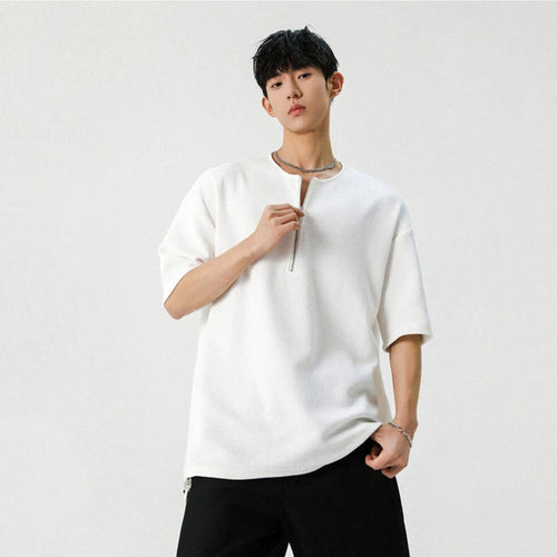 Load image into Gallery viewer, Male T-shirt New American Style Half Zippper Solid Color Short Sleeved T-shirts Casual Loose Trendy Men Summer 9W1294
