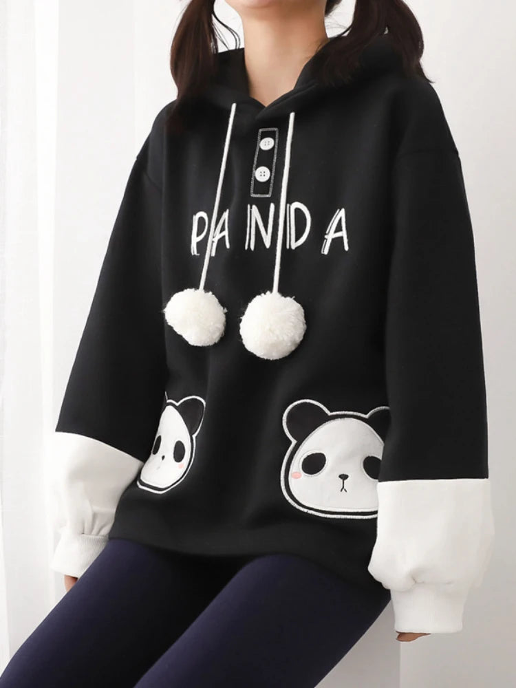 Kawaii Panda Embroidery Women Hoodies Chic Drawstring Harajuku Hooded Sweatshirts Winter Long Sleeve Female Sweet Tops