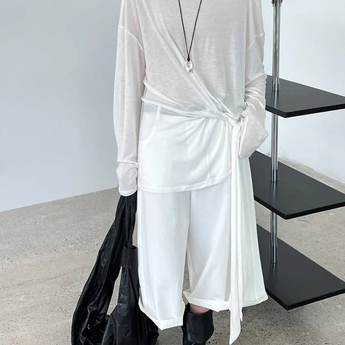 Load image into Gallery viewer, Women White Thin Bandge Perspective Big Size T-shirt New Round Neck Long Sleeve Fashion Tide Spring Autumn 2025 1DJ1303
