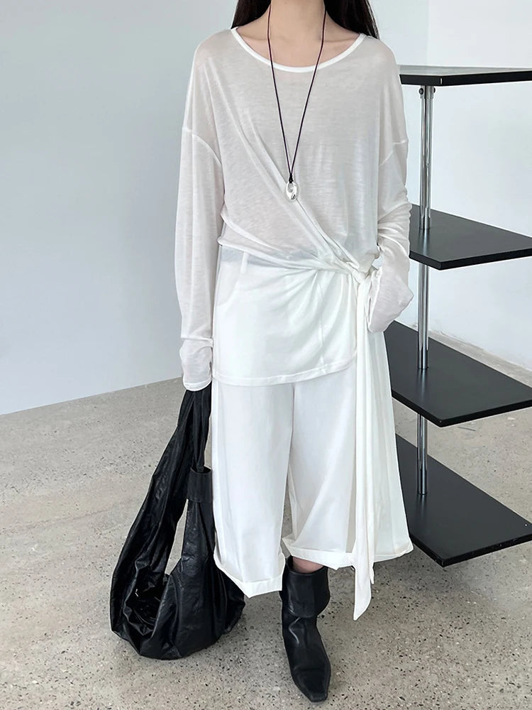 Women White Thin Bandge Perspective Big Size T-shirt New Round Neck Long Sleeve Fashion Tide Spring Autumn 2025 1DJ1303