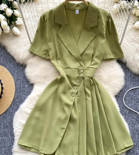 Women Black Single Breasted Temperament Blazer Dress 2024 Summer Clothing Green Elegant Office Short Sleeve Pleated Mini Dresses