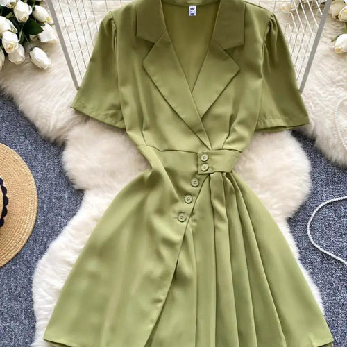 Load image into Gallery viewer, Women Black Single Breasted Temperament Blazer Dress 2024 Summer Clothing Green Elegant Office Short Sleeve Pleated Mini Dresses
