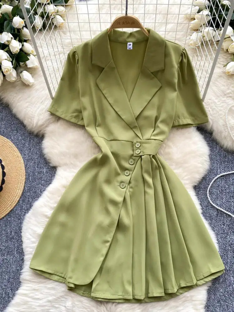 Women Black Single Breasted Temperament Blazer Dress 2024 Summer Clothing Green Elegant Office Short Sleeve Pleated Mini Dresses