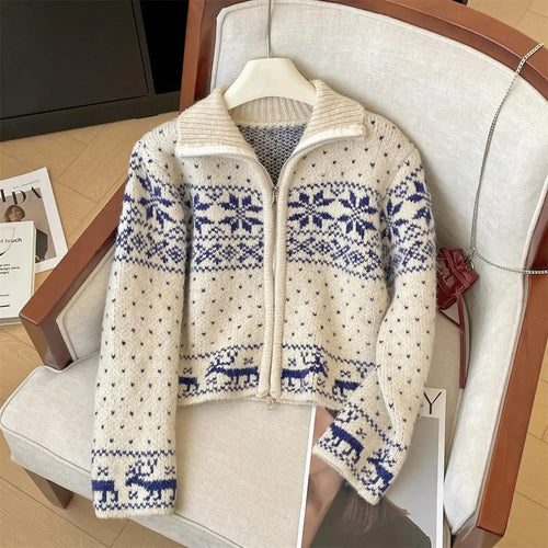 Load image into Gallery viewer, French Autumn Winter Beige Print Elegant Zipper Cardigan Short Sweater Women's Vintage 2024 New Long Sleeved Knitted Tops Trendy
