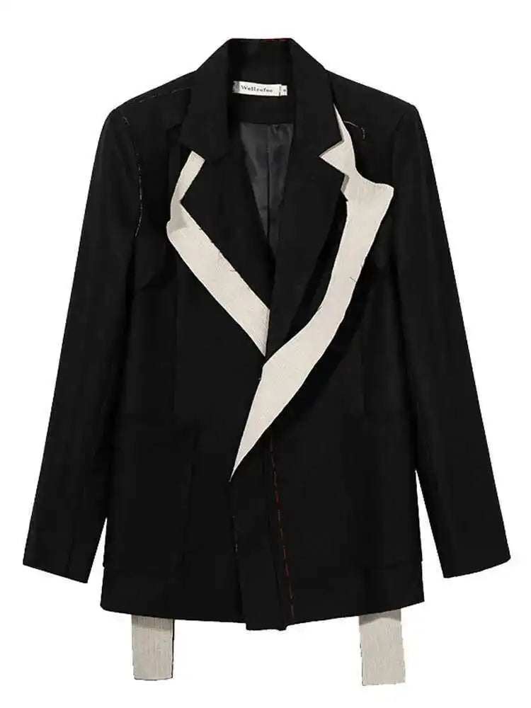 Women Black Contrast Color Burr Blazer New Lapel Long Sleeve Loose Fit  Jacket Fashion Tide Spring Autumn 2025 1W519