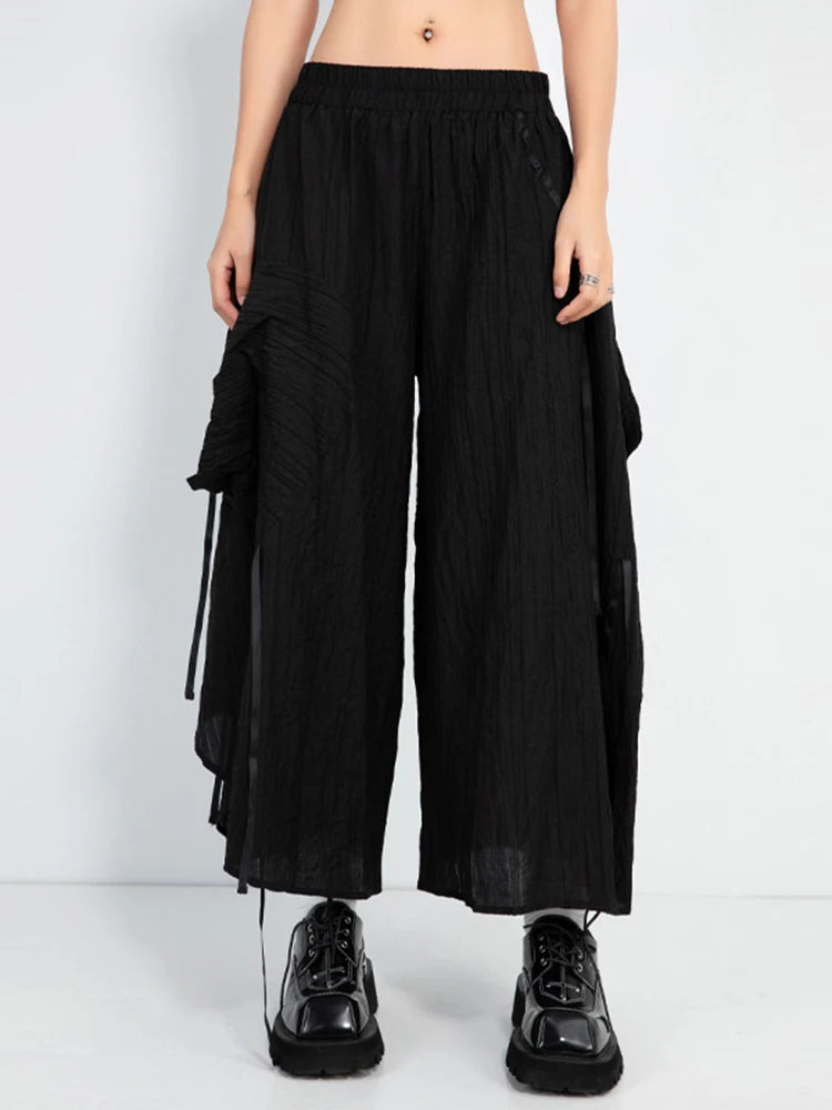High Elastic Waist Black Pleated Pocket Irregular Wide Leg Pants New Trousers Women Fashion Spring Autumn 2025 1DJ1013