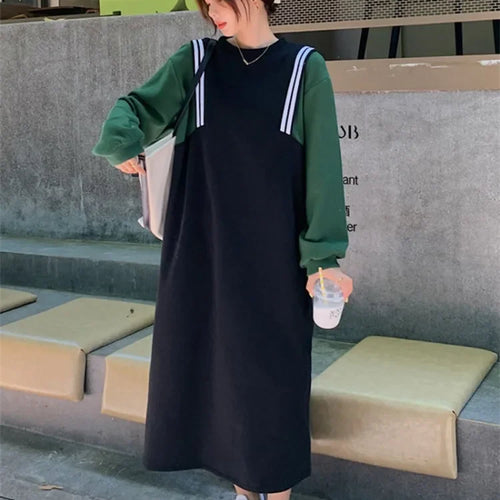 Load image into Gallery viewer, Korean Oversize Striped Patchwork Black Midi Dress Women Kpop Fashion Casual School Student Dresses Autumn Spring
