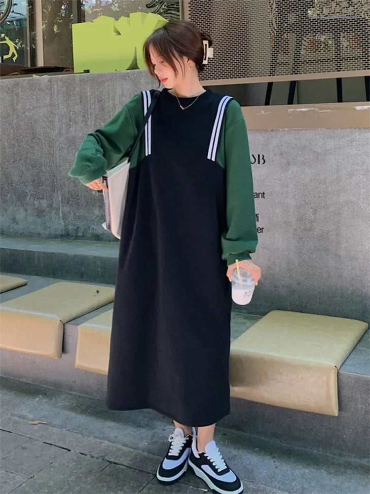 Korean Oversize Striped Patchwork Black Midi Dress Women Kpop Fashion Casual School Student Dresses Autumn Spring