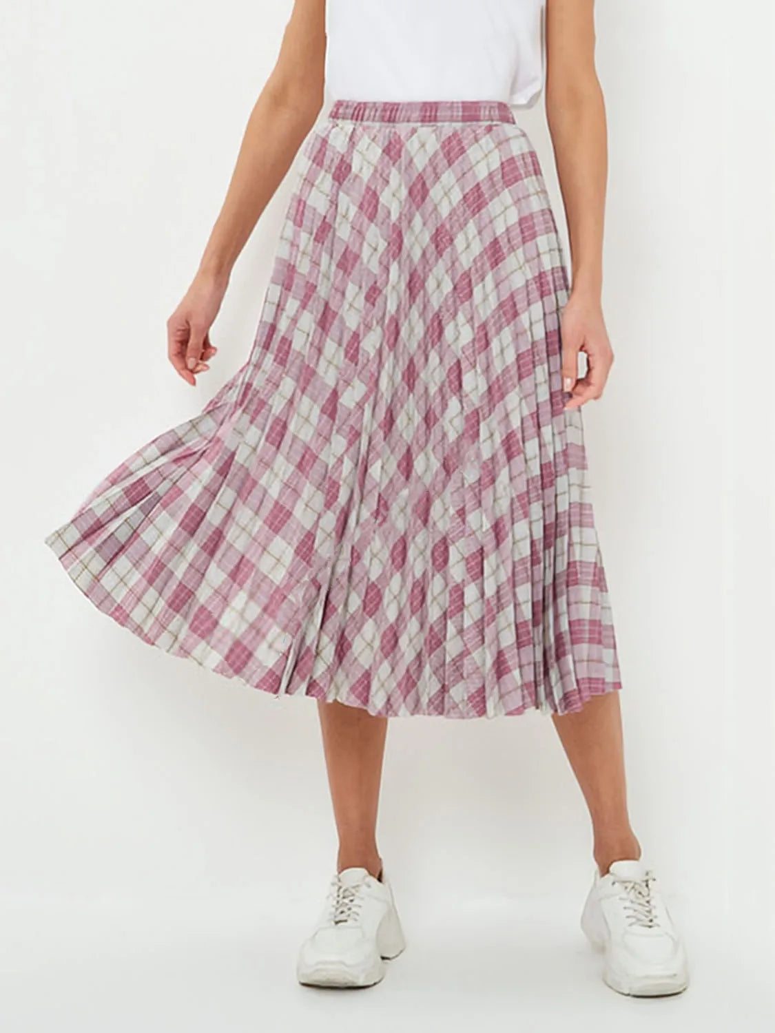 Women's Elegant Plaid Pattern Midi Skirt Top Quality Korean Vintage High Waist Pleated A-Line Skirts Spring Autumn C-091