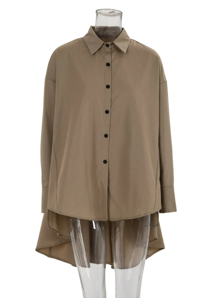 Women Khaki Irregular Back Long Elegant Big Size Blouse New Lapel Long Sleeve Shirt Fashion Tide Spring Autumn 2025 2Q1236