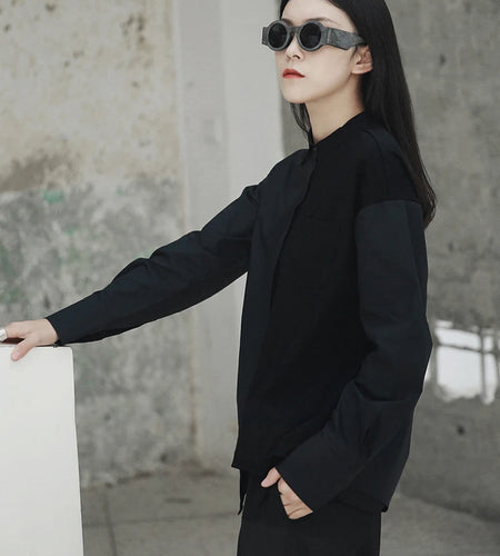 Women Black Color-block Vintage Big Size Blouse New Lapel Long Sleeve Loose Fit Shirt Fashion Spring Autumn 2025 JH418