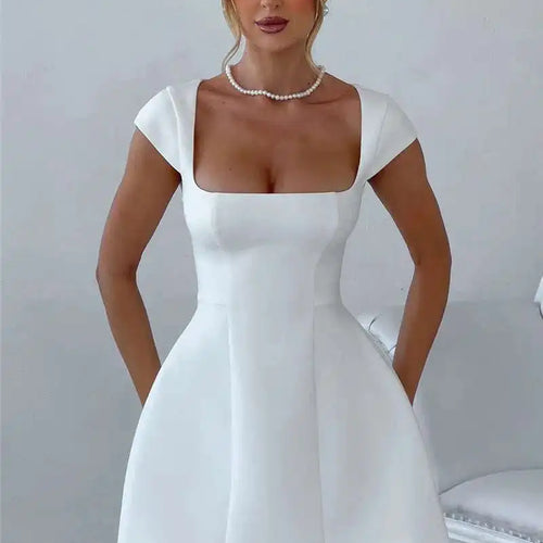 Load image into Gallery viewer, Square Collar Short Sleeve Mini Dress For Women Robe New Fashion Solid A-line Loose High Waist Short Dress Elegant
