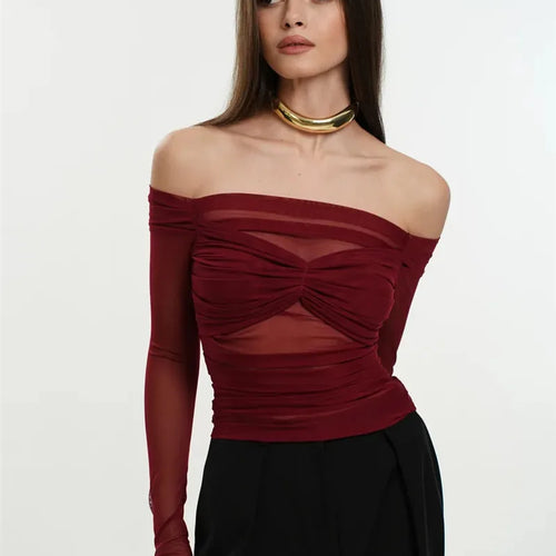 Load image into Gallery viewer, Summer Mesh Off-shoulder T-shirt Women Fashion Pleated Bust Backless Tees Tops Female Elegant Strapless See Through Top

