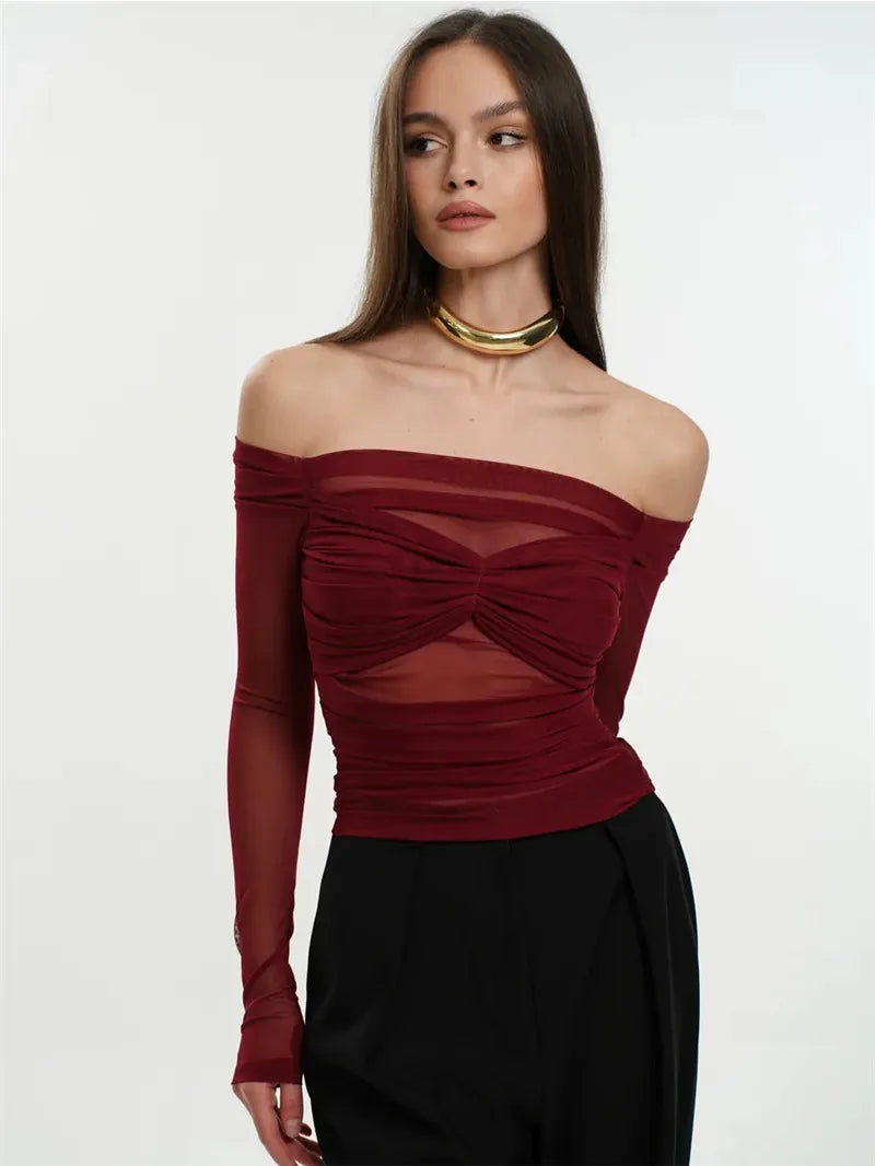 Summer Mesh Off-shoulder T-shirt Women Fashion Pleated Bust Backless Tees Tops Female Elegant Strapless See Through Top