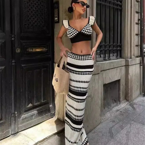 Load image into Gallery viewer, Striped Knit Two Piece Sets Women V Neck Sleeveless Crop Tops And Maxi Skirt Matching Sets Ladies Knit Skirt Sets
