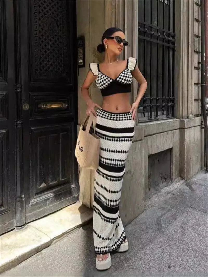 Striped Knit Two Piece Sets Women V Neck Sleeveless Crop Tops And Maxi Skirt Matching Sets Ladies Knit Skirt Sets