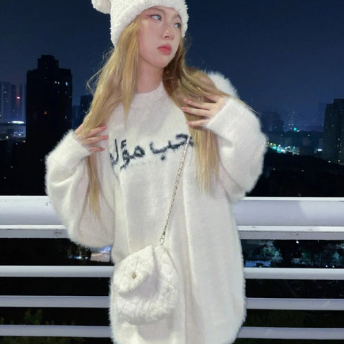 Load image into Gallery viewer, Autumn Winter Soft Mohair Pullover Women Caual Loose White Sweater Warm Knitting Y2k Aesthetic Sueter Mujer Streetwear
