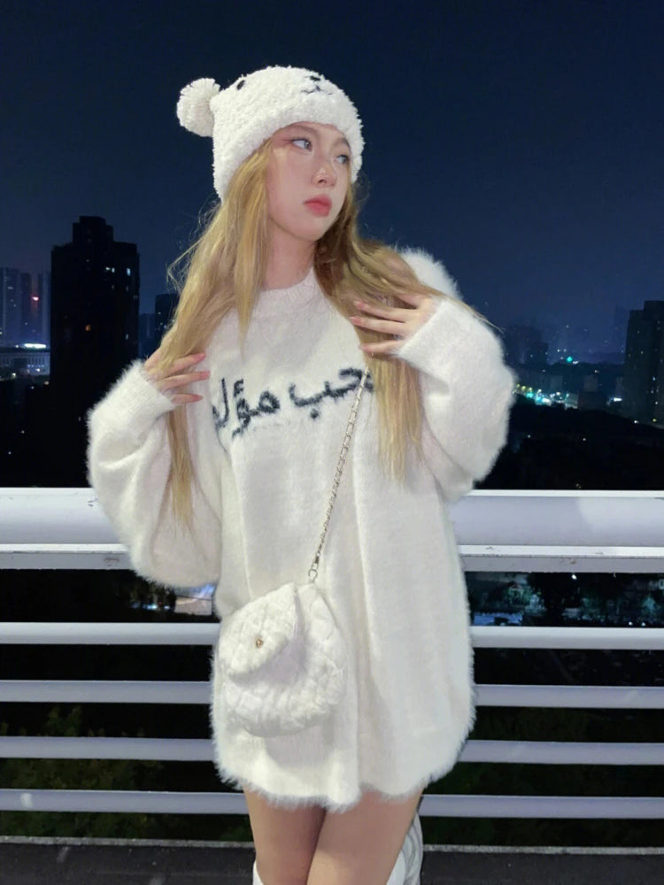 Autumn Winter Soft Mohair Pullover Women Caual Loose White Sweater Warm Knitting Y2k Aesthetic Sueter Mujer Streetwear