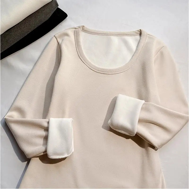 Solid O Neck Long Sleeve Shirt Women Autumn Winter Bottoming Tops Casual Slim Basic Velvet T-shirt 2024 Simplicity Popular Trend