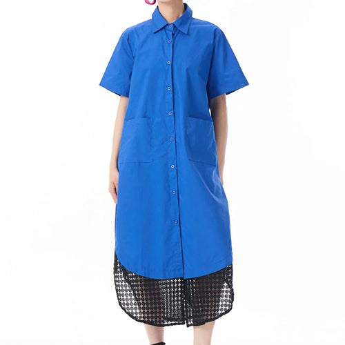Load image into Gallery viewer, Women Blue Mesh Color-block Big Size Midi Shirt Dress New Lapel Short Sleeve Fashion Tide Spring Summer 2025 1DJ0932
