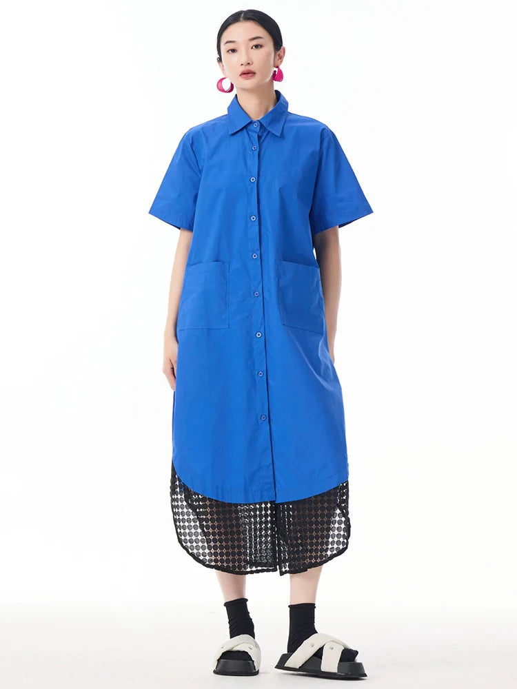 Women Blue Mesh Color-block Big Size Midi Shirt Dress New Lapel Short Sleeve Fashion Tide Spring Summer 2025 1DJ0932