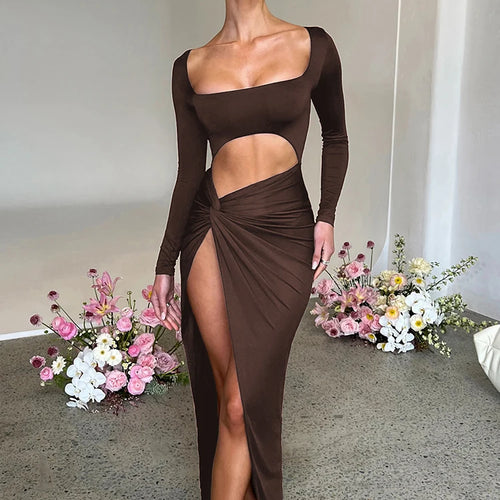Load image into Gallery viewer, Sexy Hollow Out Ruched Women Dress Red Long Sleeve High Slit Maxi Dress Female Autumn Skinny Elegant Party Clubwear 2022
