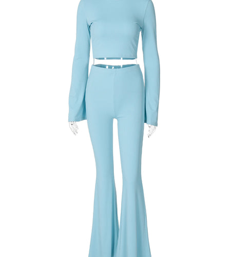 Casual 2 Pcs Matching Sets Solid Long Flare Sleeve Sexy Crop T-Shirt Flare Pants Fall Women Outfits Streetwear Party