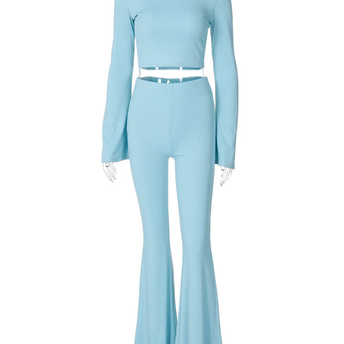 Load image into Gallery viewer, Casual 2 Pcs Matching Sets Solid Long Flare Sleeve Sexy Crop T-Shirt Flare Pants Fall Women Outfits Streetwear Party
