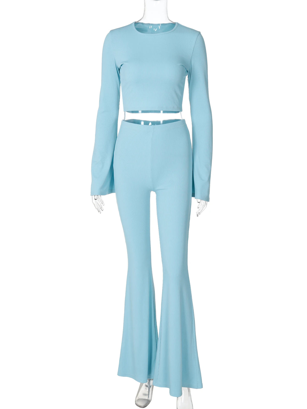 Casual 2 Pcs Matching Sets Solid Long Flare Sleeve Sexy Crop T-Shirt Flare Pants Fall Women Outfits Streetwear Party