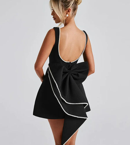 Pearl Bow Backless Sexy Mini Dress For Women Robe Fashion Zipper Sleeveless High Waist A-line Club Party Dress Elegant