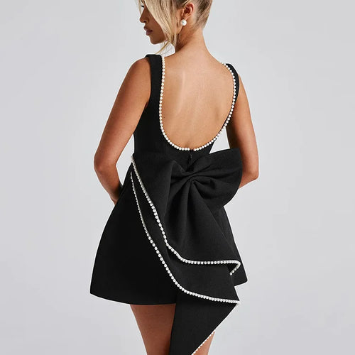 Load image into Gallery viewer, Pearl Bow Backless Sexy Mini Dress For Women Robe Fashion Zipper Sleeveless High Waist A-line Club Party Dress Elegant
