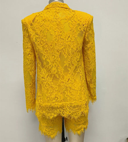 Solid Spliced Lace Three Piece Sets for Women Lapel Long Sleeves Jacket Sheer Vest High Waist Shorts Set Female New