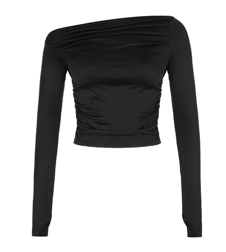 Streetwear Skinny Folds Black Autumn Tee Female Skew Collar Basic Solid Draped Crop Top Sexy Elegant Casual T shirts