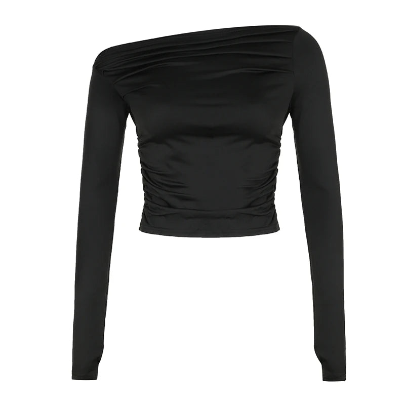 Streetwear Skinny Folds Black Autumn Tee Female Skew Collar Basic Solid Draped Crop Top Sexy Elegant Casual T shirts