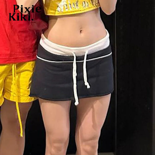 Load image into Gallery viewer, Drawstring Low Rise A Line Mini Skirt Elastic Waist Women Summer Black Skirt Casual Y2k 2000s Clothes P67-BB20
