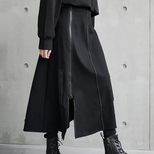 Load image into Gallery viewer, Solid Patchwork Zipper A Line Skirts For Women High Waist Minimalist Casual Streetwear Loose Skirt Female Fashion
