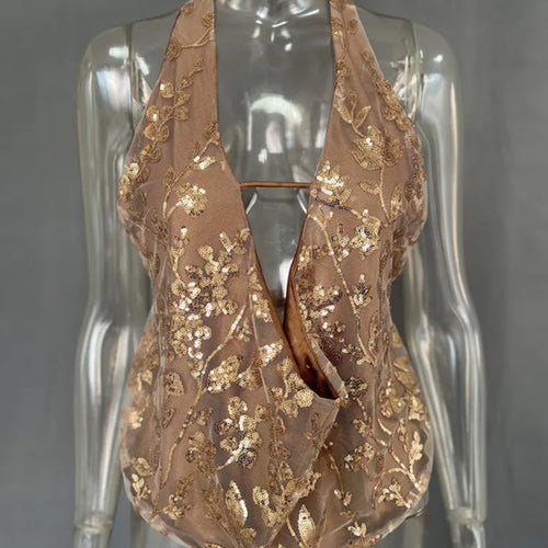 Load image into Gallery viewer, Glitter Deep V Neck Sexy Tank Tops Women Vest Pullovers Summer New Sparkle Backless Cropped Tops Elegant Beach Tops
