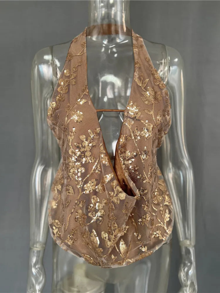 Glitter Deep V Neck Sexy Tank Tops Women Vest Pullovers Summer New Sparkle Backless Cropped Tops Elegant Beach Tops